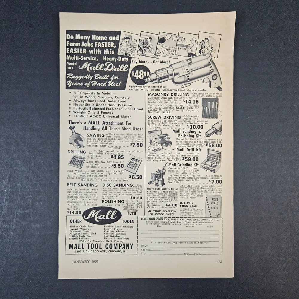 1952 Mall‎ Tool Company Vintage Print Ad Machine Shop Chicago IL Mancave Garage